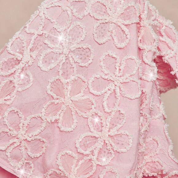 Baby Pink Preppy Women's Glitter 3D Floral Mini Dress - Picture 8 of 8